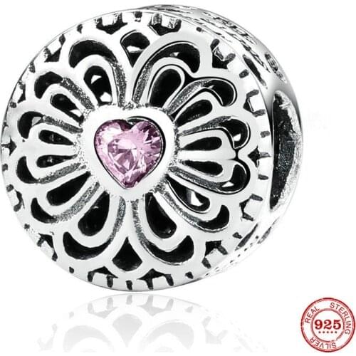 New 925 Sterling Silver Beads Round Flower CZ Zirconia Charms Fit Original Pandora Bracelets Women DIY Jewelry