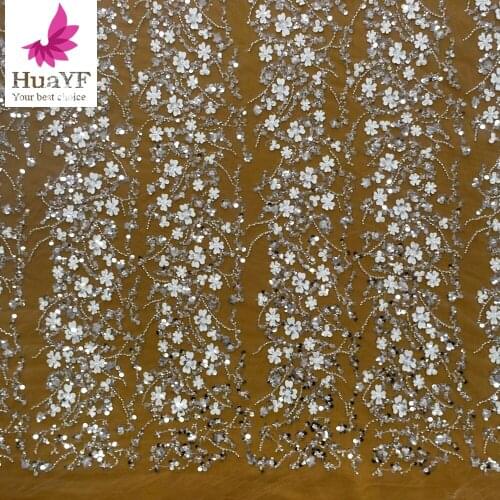 Luxury White French Bridal Wedding Silver Beads Lace With Sequins 3d Satin Flower Dress Fabric HY1440-2