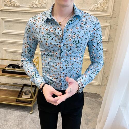Fashion Floral Shirt Men 2021 Spring New Long Sleeve Mens Social Shirts Casual Streetwear Slim Fit Night Club Prom Tuxedo 3XL