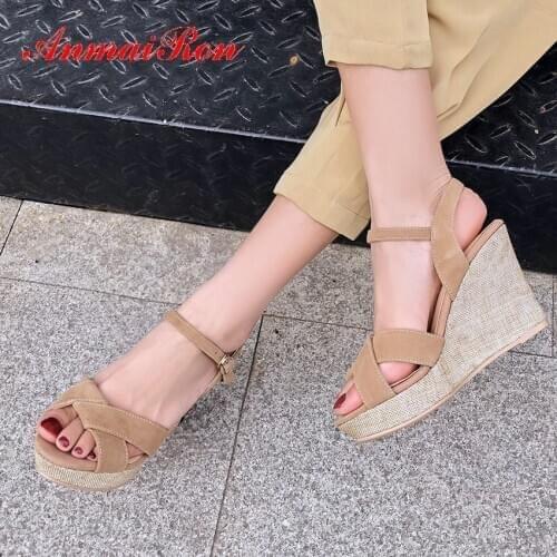 ANMAIRON Kid Suede Basic Buckle Strap Sandals Casual Platform Gladiator Sandals Women Covered Wedges Heels Women Shoes 34-43