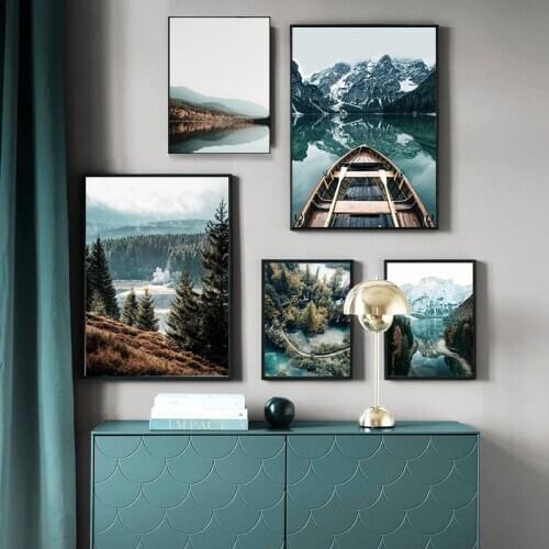Scandinavian Nature Landscape Wall Art Poster Mountain Lake Boat Nordic Canvas Painting Print Pictures Modern Home Decor
