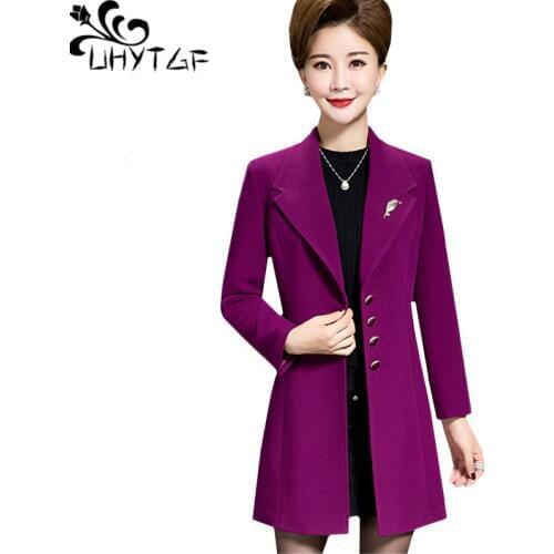 UHYTGF Womens windbreaker Single-breasted high quality spring autumn trench coat for women Medium long Slim plus size coats 186