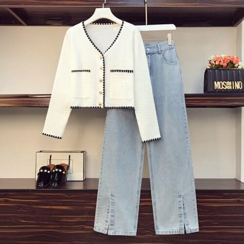 New Arrival Autumn Winter Knitted Two piece Set Casual Womens Pullovers Tops And jeans Wide-Leg Pants Suits High Quality big