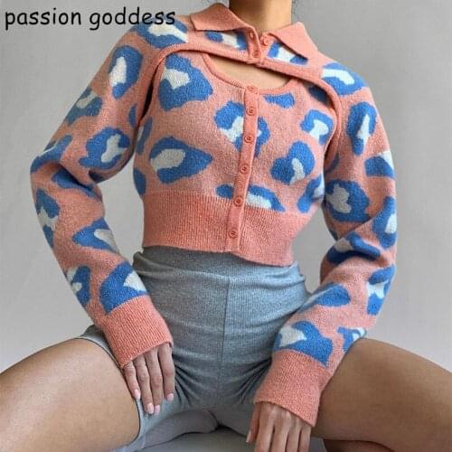 2 Piece Women 2021 Autumn Fashion Sexy Hollow Out Bodycon Slim Cropped Cardigans Top New Pink Long Sleeve Knitted Korean Sweater