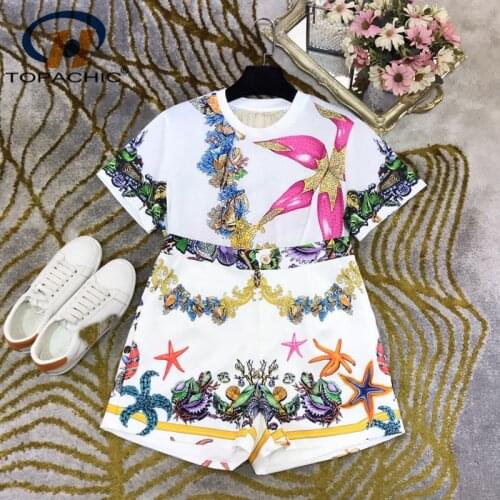 6.4 High End Summer New Vintage Starfish Print Diamonds Short Sleeve Tee + High Waist Shorts Casual Set Women
