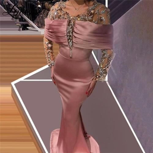 Crystals Beaded Plus Size Dubai Evening Dresses Mermaid Long Sleeves Elegant Satin Celebrity Dress Party Prom Dress Robes 2020
