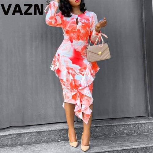 VAZN 2020 Hot High-end Chiffon Elegant Young Daily Office Sexy Fresh Clear Fahion Full Sleeve Women Pencil Thin Midi Dress