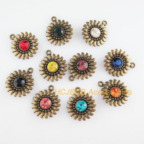 10 New Round Star Charms Antiqued Bronze Plated Sun Flower Mixed Crystal Pendants 20x24mm