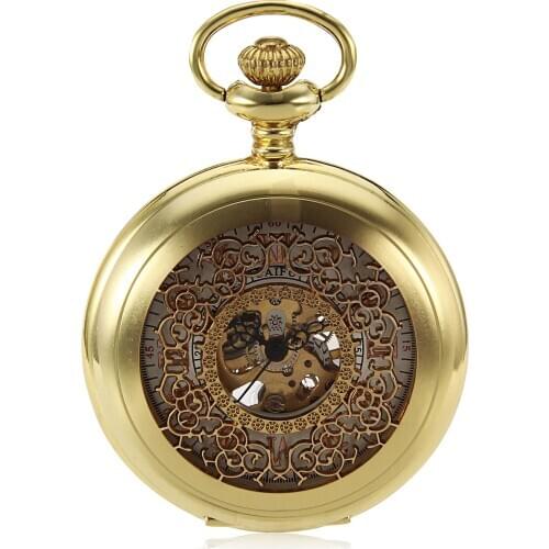 2020 Hot Sell Antique Gold Carving Mechanical Pocket Watch Vintage Roman Dial Hand Wind Pocket Watch Wholesale