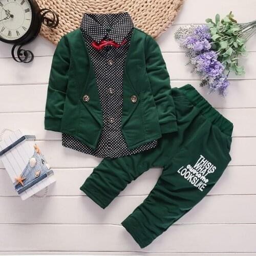 2021 New Baby Boys Clothes Childrens Suit Dot Dress Shirt With Bow Tie +Pants For Kids Girls Brithday Set 0 1 2 3 4 Years