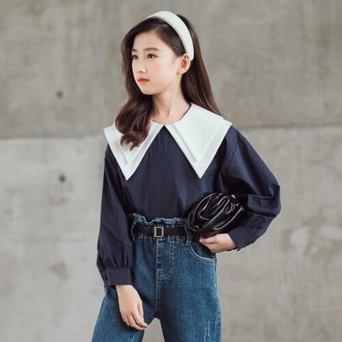 2021 Girls Blouse Spring Autumn Long Sleeve Big Collar Tops Elegant Kids Shirts School Blouses 8-16 Years Childrens Clothing