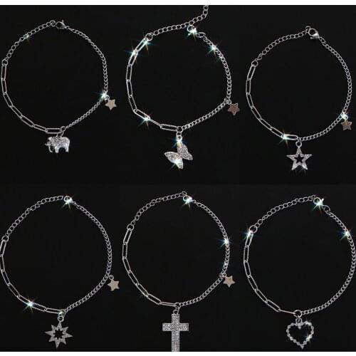 Stainless Steel & Copper Bracelets Heart Stars Cross Charm Clear Rhinestone Bracelets Women Jewelry Gifts 17cm long, 1 Piece