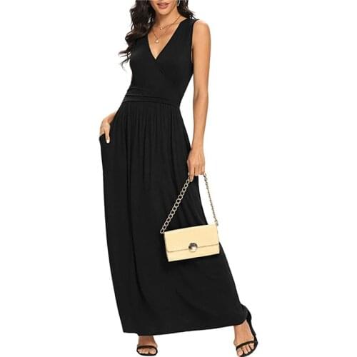 Elegant Women Slim Maxi Dress Sexy V Neck Sleeveless Vest Dress Summer Solid Color Dresses For Office Lady Vestidos Female Robes