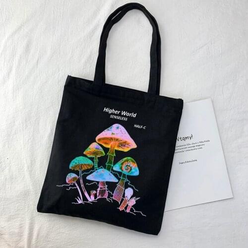 Mushroom printed Gothic Letter large-capacity canvas bag Harajuku dark Ulzzang shoulder bags cartoon y2k shopper bag hip hop