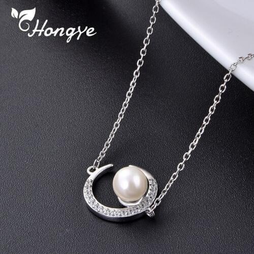 Hongye Quality Zircon Moon Sterling Silver Necklace Modern Design Girls Shell Pearl Neck Chains 925 Silver Jewelry Long Necklace