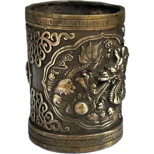China old bronze Collections from the countryside Double dragon Opera Copper brush