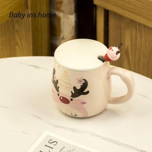Coffee Cup Milk Cup Ins 400-500ml Christmas Gift Elk Ceramic Coffee Cup with Lid Spoon Cartoon Cute Mug Water Cup Tea Cup Mugs
