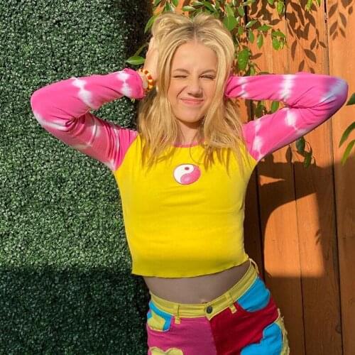 Autumn Female Slim Fit Crop Top Patchwork Long Sleeve O Neck T-shirt Cute Girl Vintage Women Spring Sweats Tees Y2K Streetwear