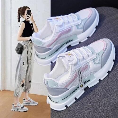 2021 Spring New Womens Dad Sneakers Korean Mesh Sports Shoes Female Street White Flat Casual Footwear Women Platform Shoes