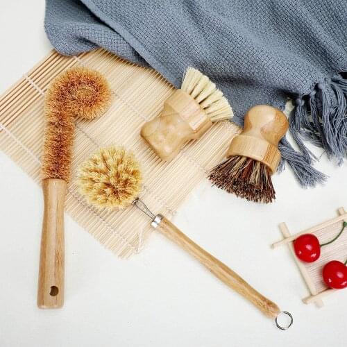 Kitchen Cleaning Brush Natural Sisal Hemp Plant Fibers Wooden Long Handle Pot Non-stick Skillet Coir Compostable Bottle Brushes
