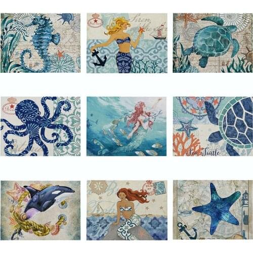 Kitchen Placemat Marine Life Decorative Table Mats 42X32 Blue Cotton Linen Waterproof Drink Coasters Nordic Western Placemat