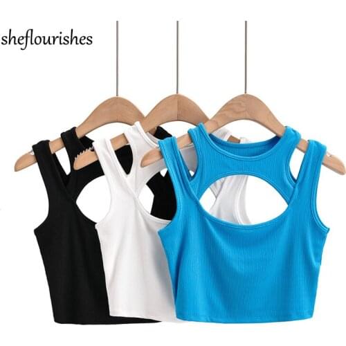 Summer sleeveless top women sexy tank top fashion hollow out tops korean solid cropped top white double shoulder strap tops blue