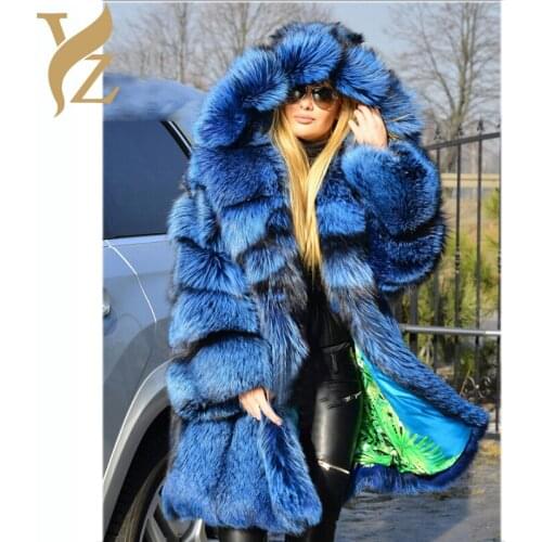 2021 Hot Sell Full Pelt Fox Fur Coats With Oversized Furry Hoods Nature Fox Fur Jacket For Female Especially Outerwear Warm Coat