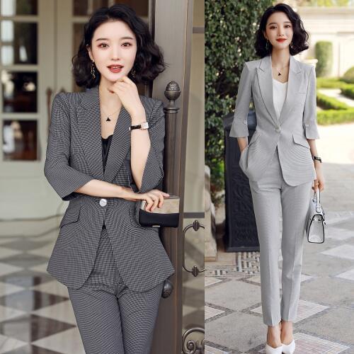 Fashion Casual Office Ladies Grey Blazer for Women Business Suits Pant and Jacket Sets Work Uniform OL Styles