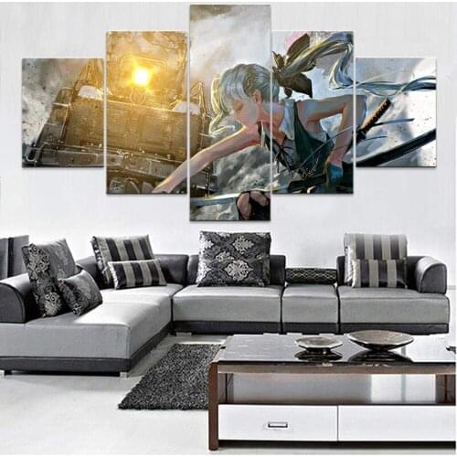 5 Piece Wall Art Canvas Anime Manga Samurai Girl & Train Posters And Prints Modern Home Decor Living Room Decoration Paintings