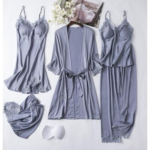 Sexy 5PCS Nighty Bathrobe Gown Sets Women Lace Satin Robe With Chest Pads Nightgown Sleep Suit Spring Kimono Sleepwear Home Wear