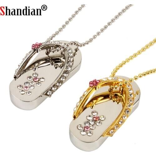 SHANDIAN metal crystal slippers USB Flash drive Memory stick usb Stick 4GB 8GB 16GB 32GB 64GB Pendrives girls gift beauty shoes