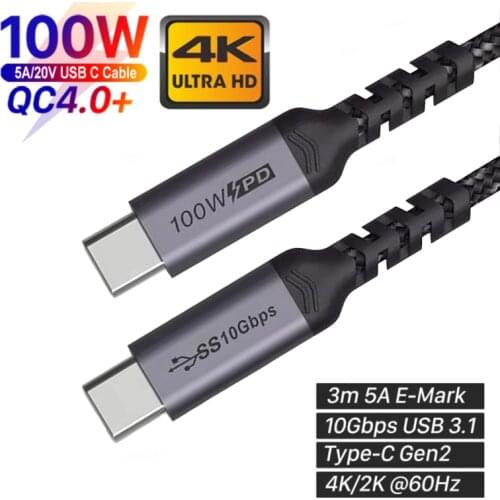 URVNS PD 100W TYPE-C to Type C Cable USB C 5A E-MARK USB 3.1 Gen2 10Gbps 4K 60Hz Video Nylon Weaving Power Line for Phone Laptop