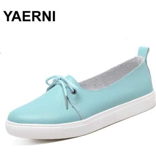 YAERNI arrival spring lovely solid women shoes genuine leather women flats shoes 4 colors single boat shoes woman causal loafers