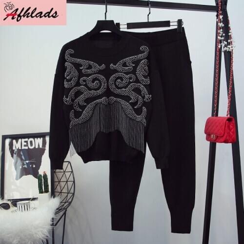Spring New Womens Beaded Tassel Long Sleeve Round Neck Sweater Top + Casual Pants Fashion High Quality Two-Piece Set