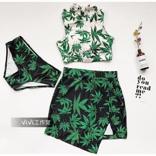 STAERK New Two Piece Swimsuit Tankini skirt Swimwear Women Pants Swim Wear Retro Bathing Suit green Print Biquini