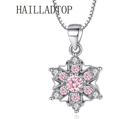 Silver Color Clear Sweet Cute Pink Snowflake Pendant Necklaces Women Girls Popular Jewelry Dazzling Crystal Stone Pendant