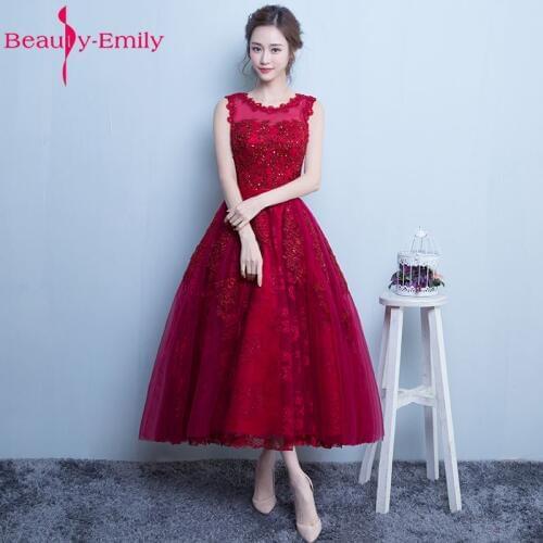 Beauty-Emily 2019 Bridesmaid Dresses Tea-length appliques A-line Tulle Beading See-through Wedding Party Prom Dresses vestido de