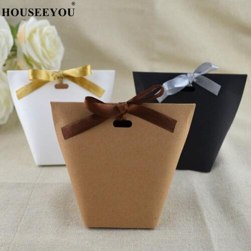 50PCS White Kraft Black Paper Bag Bronzing French \Merci\ Thank You Gift Box Package Wedding Party Favor Candy with Ribbon