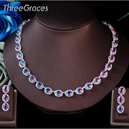 ThreeGraces Unique Rainbow CZ Crystal Round Shape Choker Necklace Earrings Jewelry Set for Women Party Festive Accessories TZ600