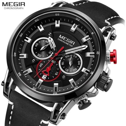 Fashion Brand Megir Mens Watch Chronograph Quartz Watches Man Leather Strap Clock Sport Army Date Wristwatch Relogios Masculino