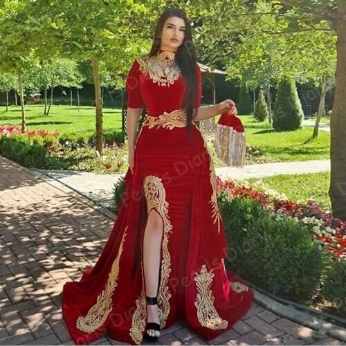 Two Pieces Mermaid Pageant Gowns Morocco Kaftan Evening Dresses Detachable Skirt High Neck Velvet Prom Gown Arabic Party Night