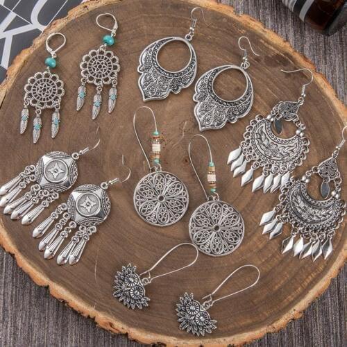 Ethnic Bohemian Bright Silver Color Big Drop Dangle Long Metal Fringes Tassel Earring Geometric Earrings for Women Party Jewelry