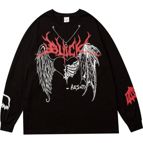 Hip Hop T-shirts Men Heart Wings Chain Casual Long Sleeve Fashion Harajuku Streetwear Oversized T Shirt Winter Tees Sweatshirts
