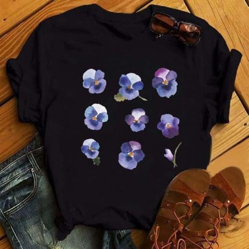 Women Blue Flower Fashion Short Sleeve Aesthetic Clothes Summer T-shirts Black Tops Tees Female Ladies Womens Tee T-Shirt