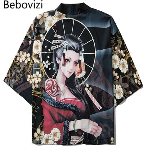 Bebovizi Japanese Style Geisha Yukata Kimono Casual Women Cardigan Kimono Traditional Tops Streetwear Men Loose Clothing