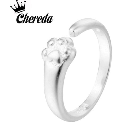 Chereda Classic Women Girl Cute Simple Metal Love Heart Cat Dog Foot Open Adjustable Rings Animal Style Hollow Paw Ring Jewelry