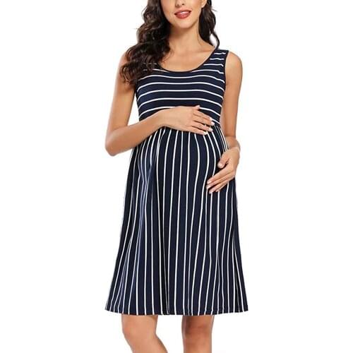Summer Casual Striped Maternity Dress Sleeveless Knee Length Pregnant Tank Dresses Women Pleated Casual Clothes Sundress