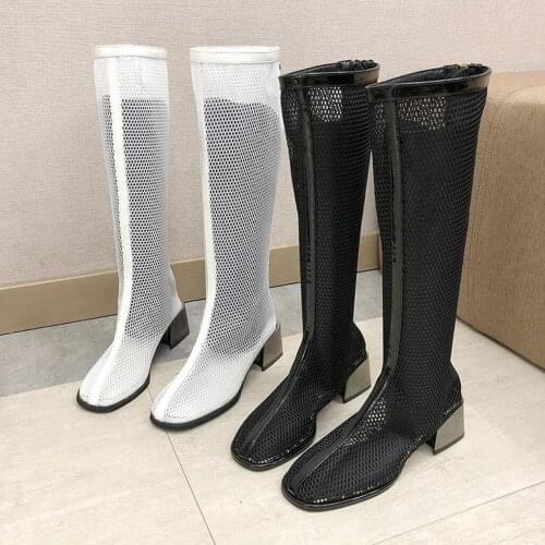 Summer mesh Women Cool Boots Knee Long Boots ladies high Heel Women Thick with High Heel Hollow Long Boot female white sandals