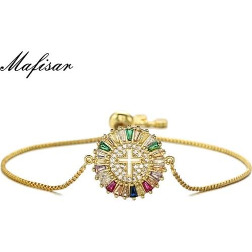 Mafisar Classic Design Round Cross Charm Bracelets For Women Men Gold/Silver Color CZ Bracelet Women Wedding Jewelry