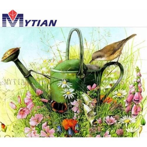 Vintage Inspired Watering Can With Birds,5D DIY Diamond Painting Kit,MYTIAN Diamond Embroidery Mosaic Cross Stitch Wall Decor